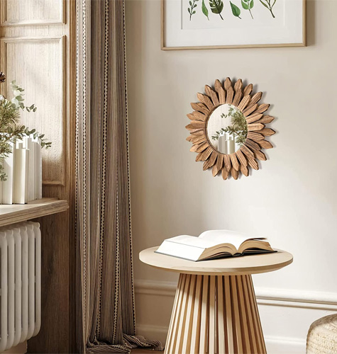 Honiway Wall Mirror Decorative 12 inch Rustic Wood Mirror Sunburst Boho Mirror